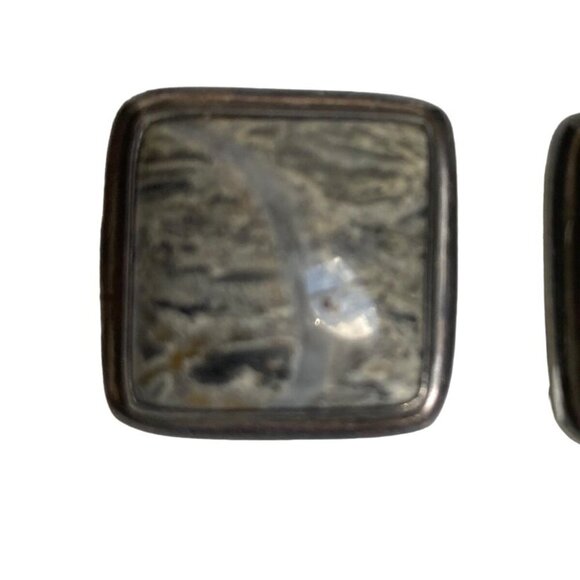 Vintage Sterling Silver Gray Stone Square Earrings Clip On Chunky Mottled Stone - Picture 11 of 11